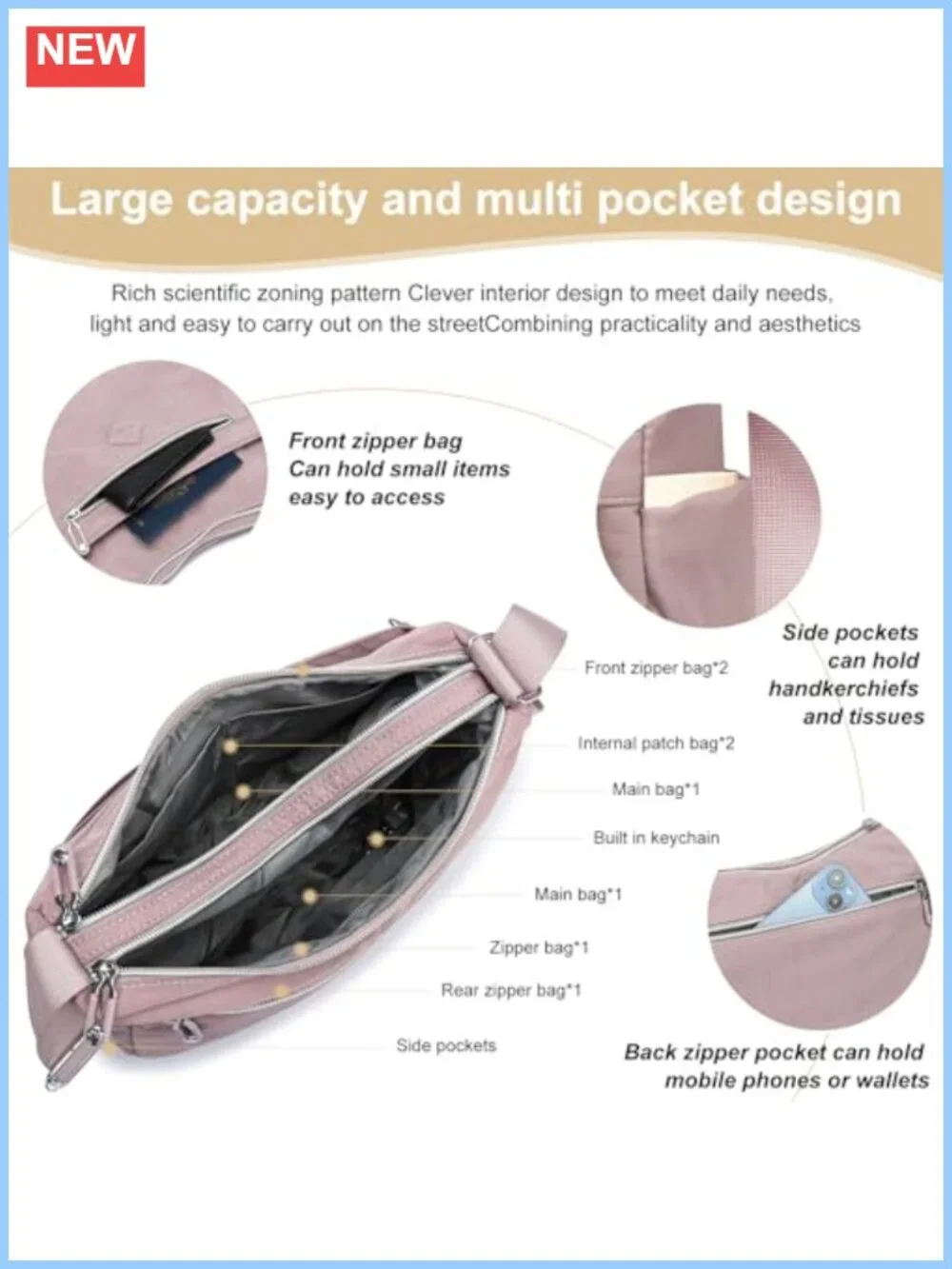 ETidy Large Casual Waterproof Lightweight Polyester Crossbody Bag with Zipper